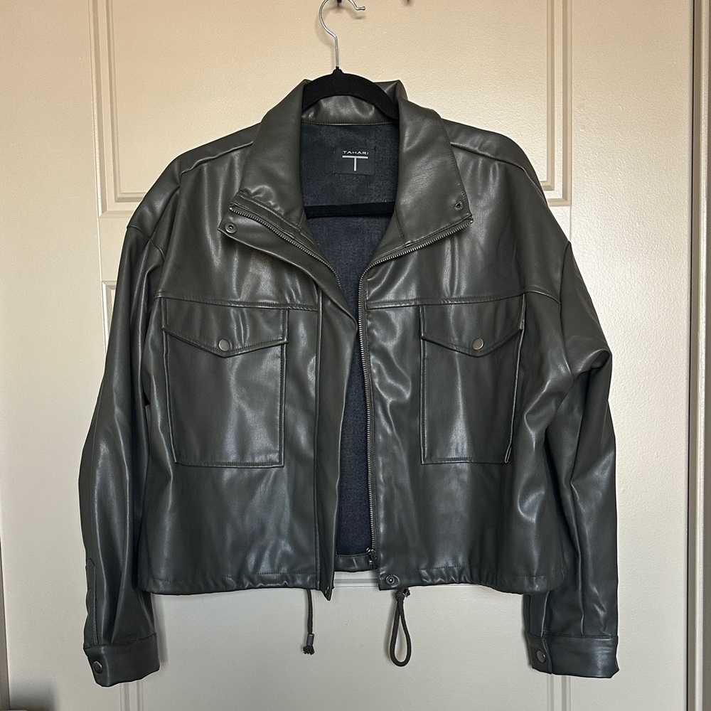 T Tahari Olive Faux Leather Jacket